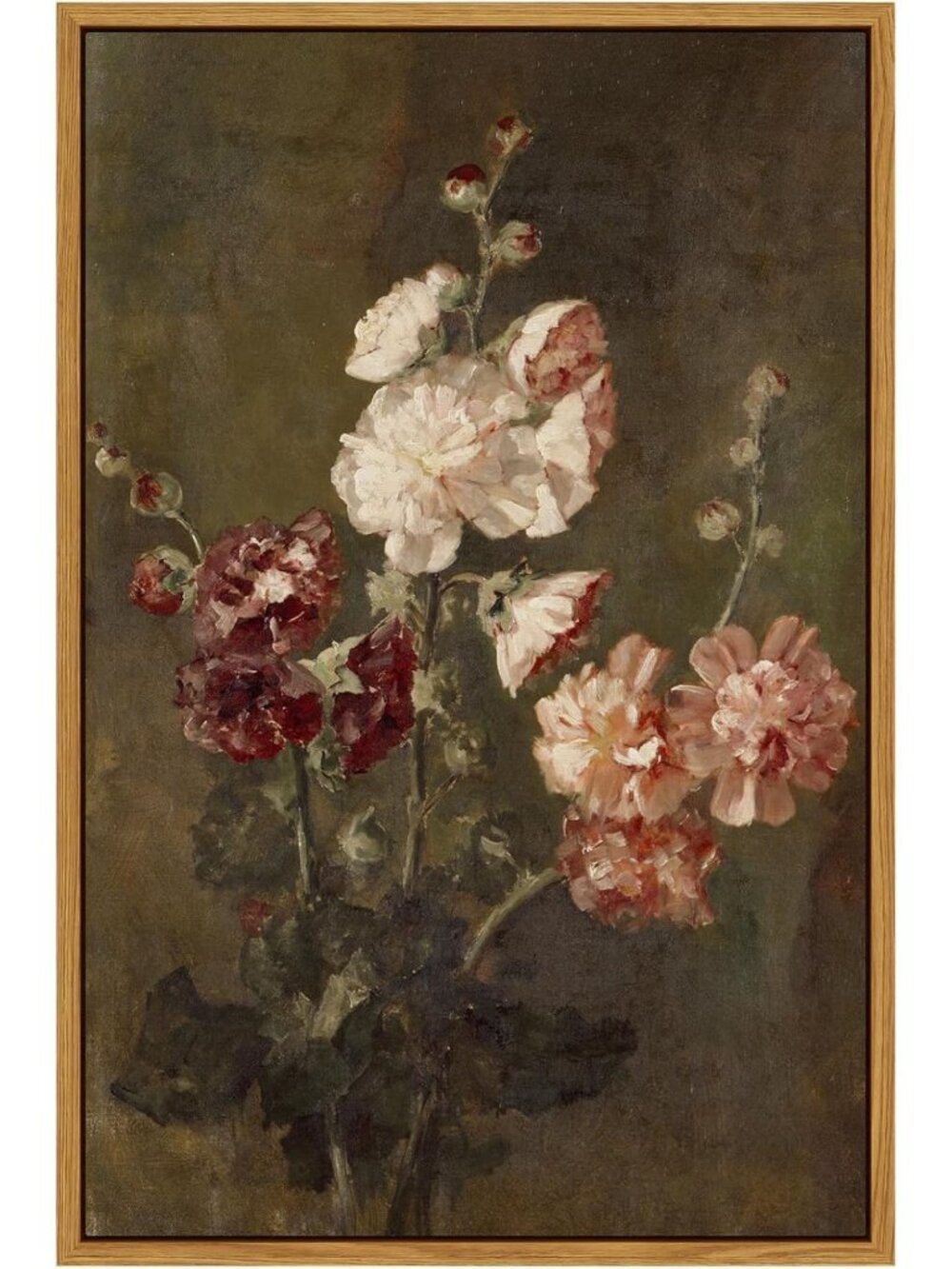 Vintage Floral Wall Art - Hollyhocks Canvas Decor, 16x24 Inch Retro Aesthetic